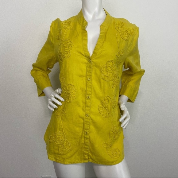 Women’s Charter Club Yellow 100% Linen Tunic Button Up Lagenlook Top Size 12 - Picture 1 of 7
